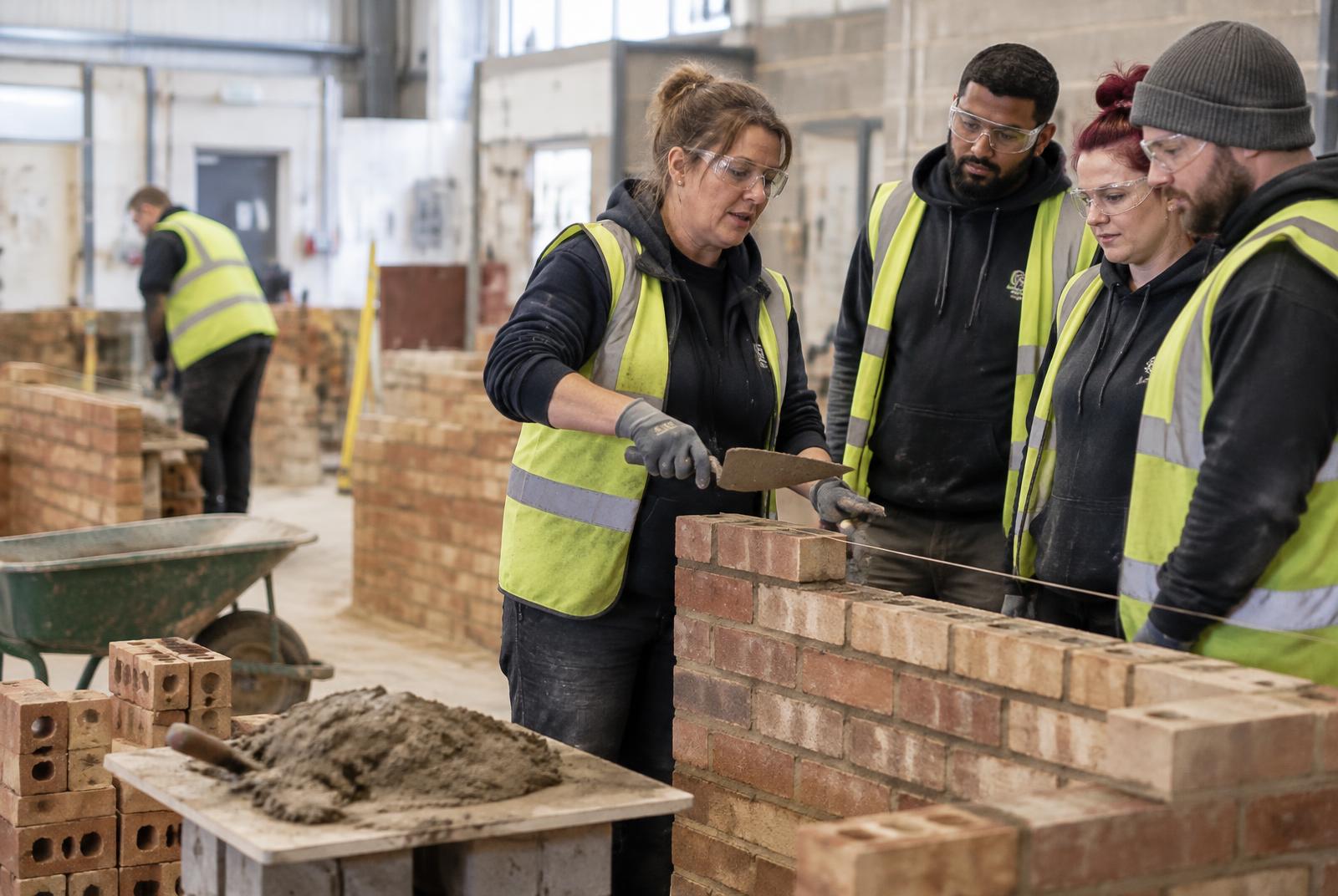 A construction professional teaching bricklaying skills to adult learners