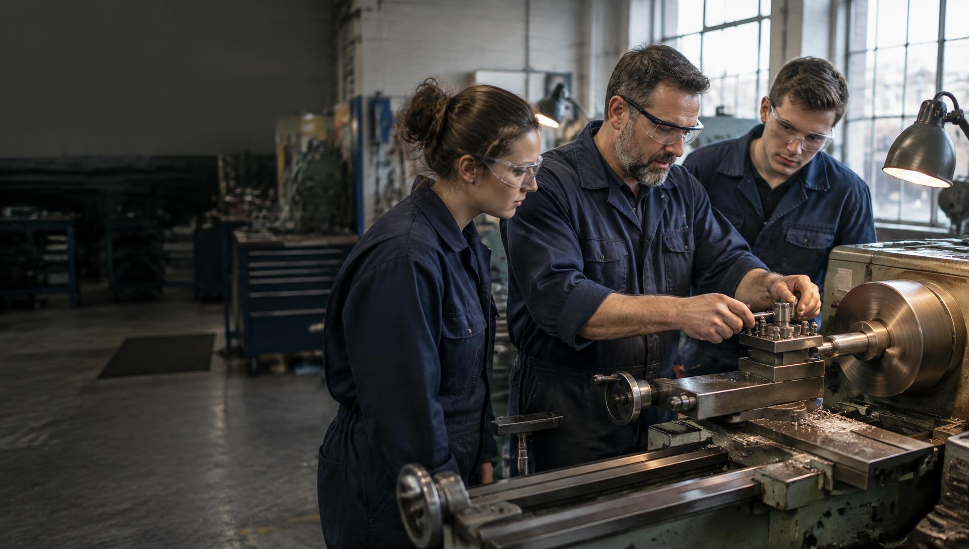 An experienced engineering professional demonstrating machining skills to adult learners